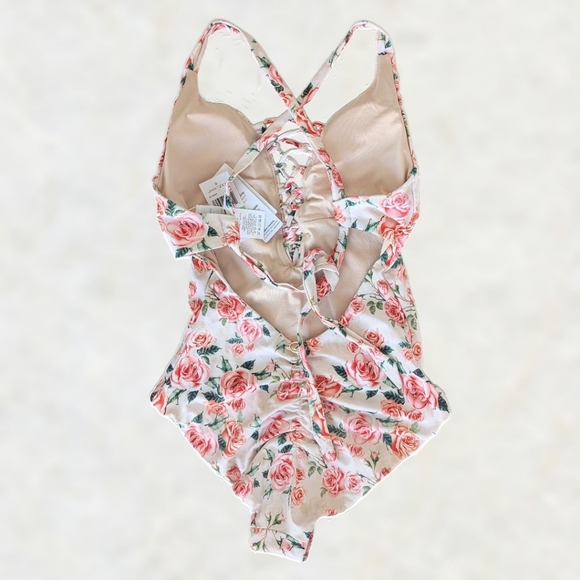Jantzen Rose Print Front Lacing Back Tie Swimsuit - Picture 2 of 8